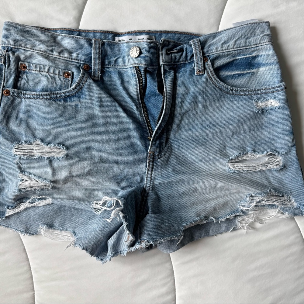 Blue Distressed Jean Shorts with Frayed Hem